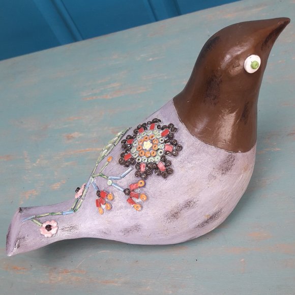 Carved Wood Bird Boho Hippie Decor Wooden Bird Figurine Embellished Beaded Art - Picture 8 of 16